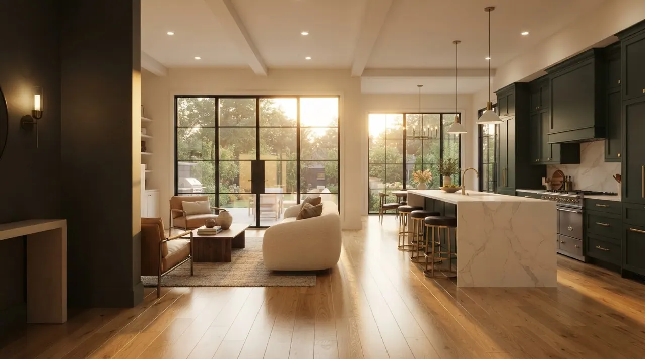 Bright, finished modern kitchen and living space, move-in ready
